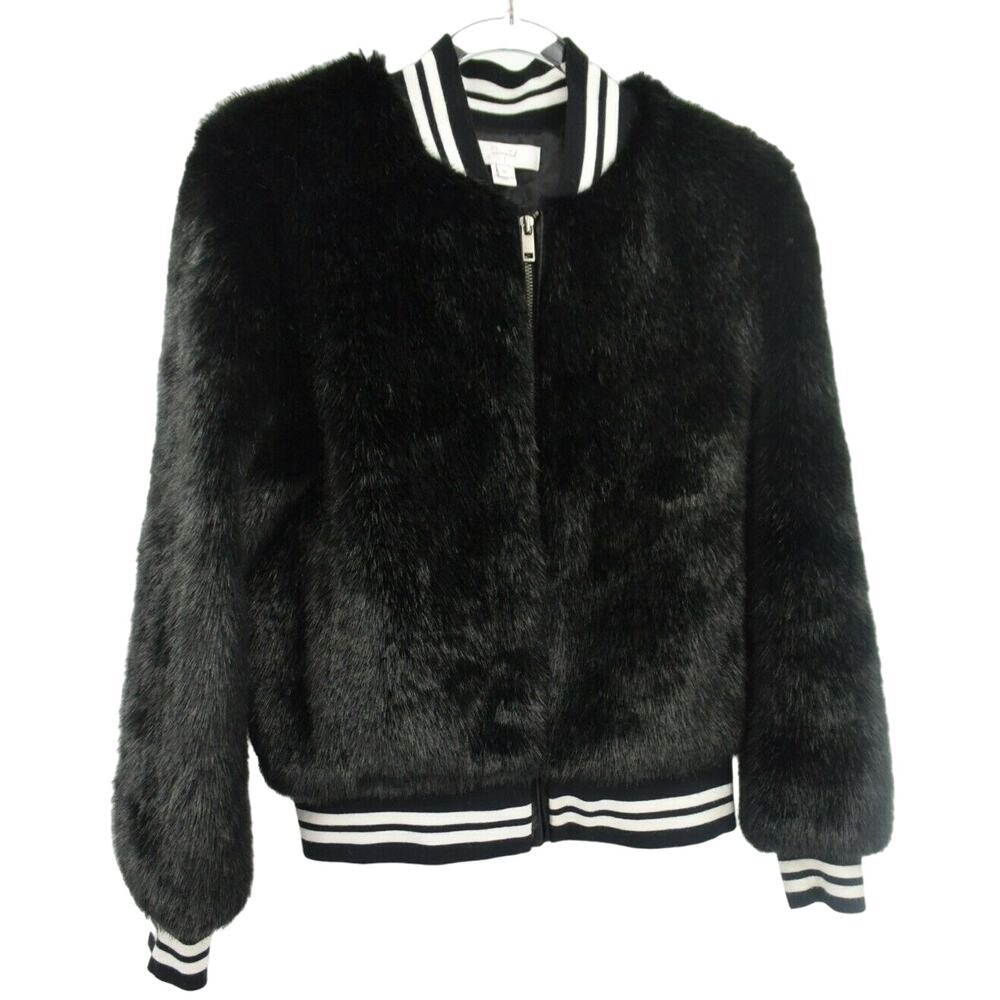 Scripted Black White Stripe Faux Fur Zip Front Bomber Jacket Size XS